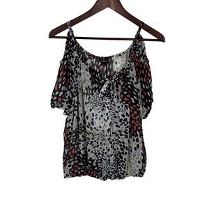 Guess Sheer Print Open Shoulder Short Sleeve Blouse Top Women's Small